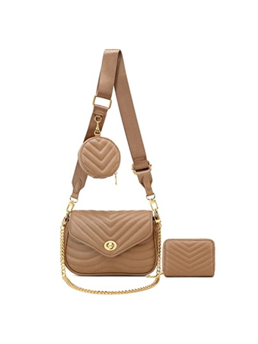 Faux Leather Quilted Crossbody Bag 3PC Set with Coin Purse & Card Holder